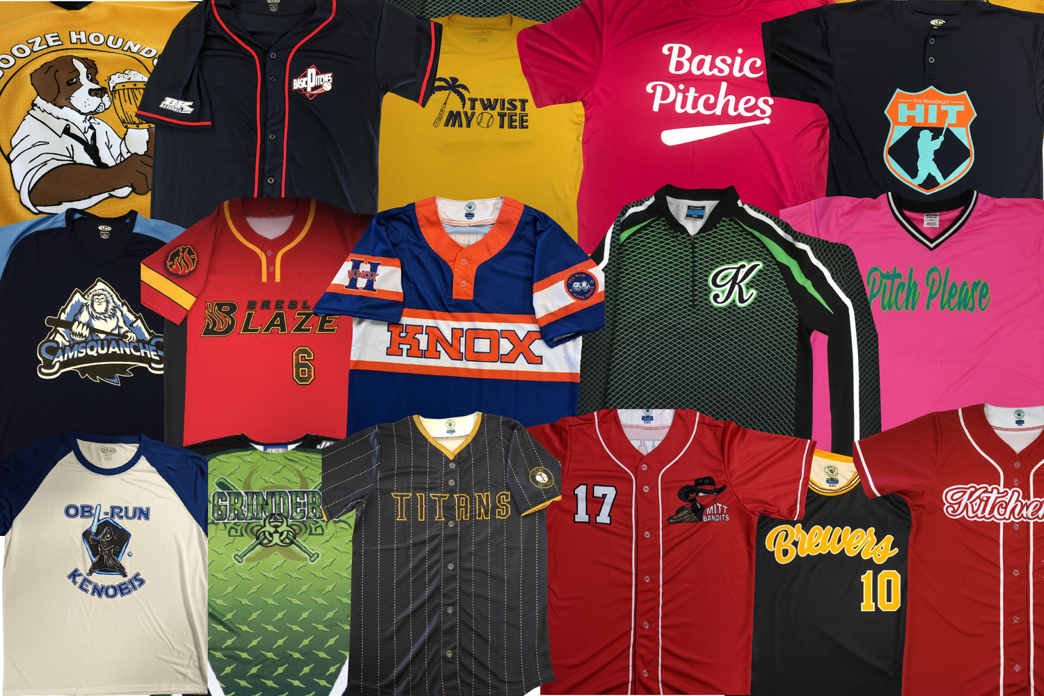A collage of custom baseball jerseys and equipment featuring different logos, jersey types, colours, patterns, and more.
