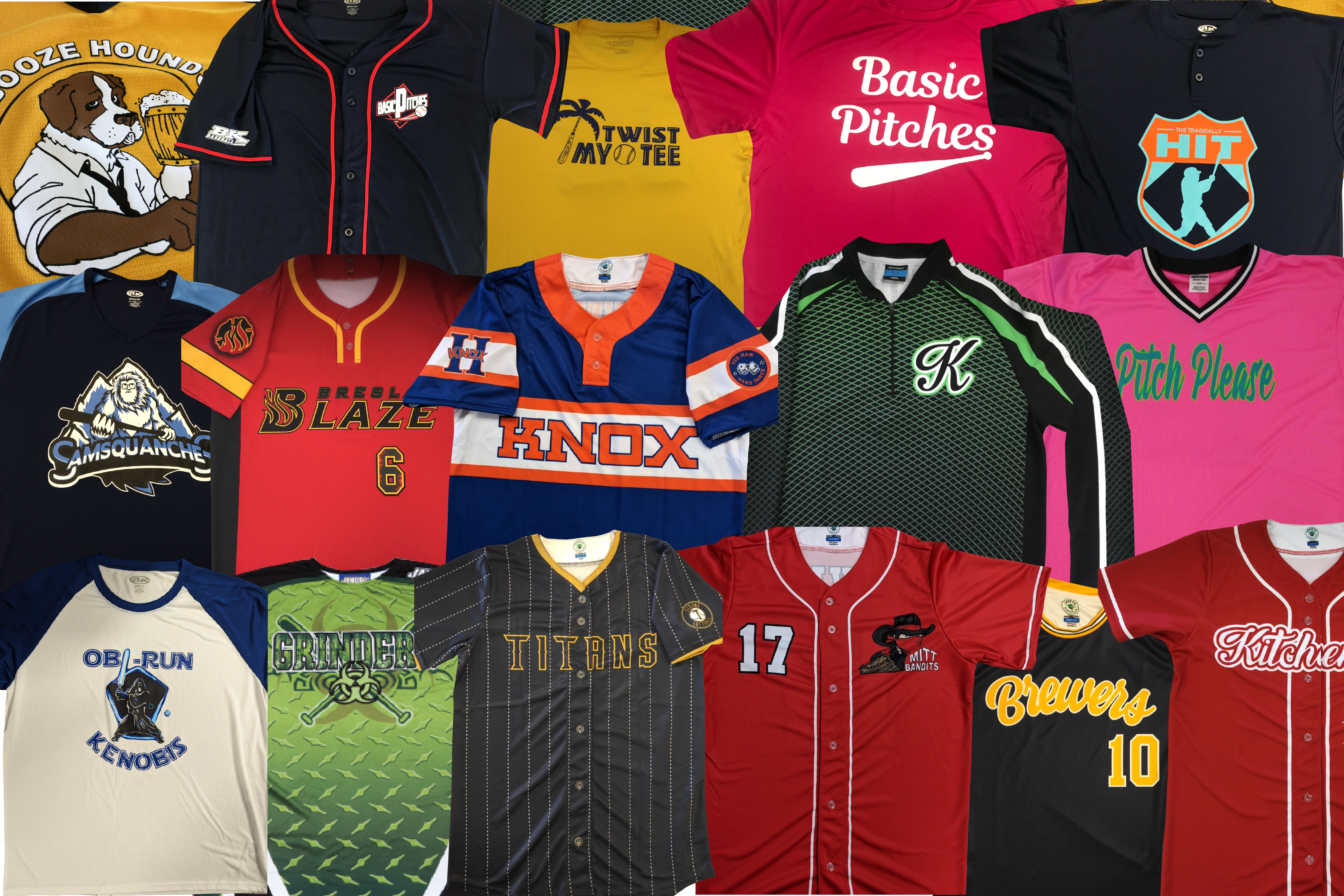 A collage of custom baseball jerseys and equipment featuring different logos, jersey types, colours, patterns, and more.