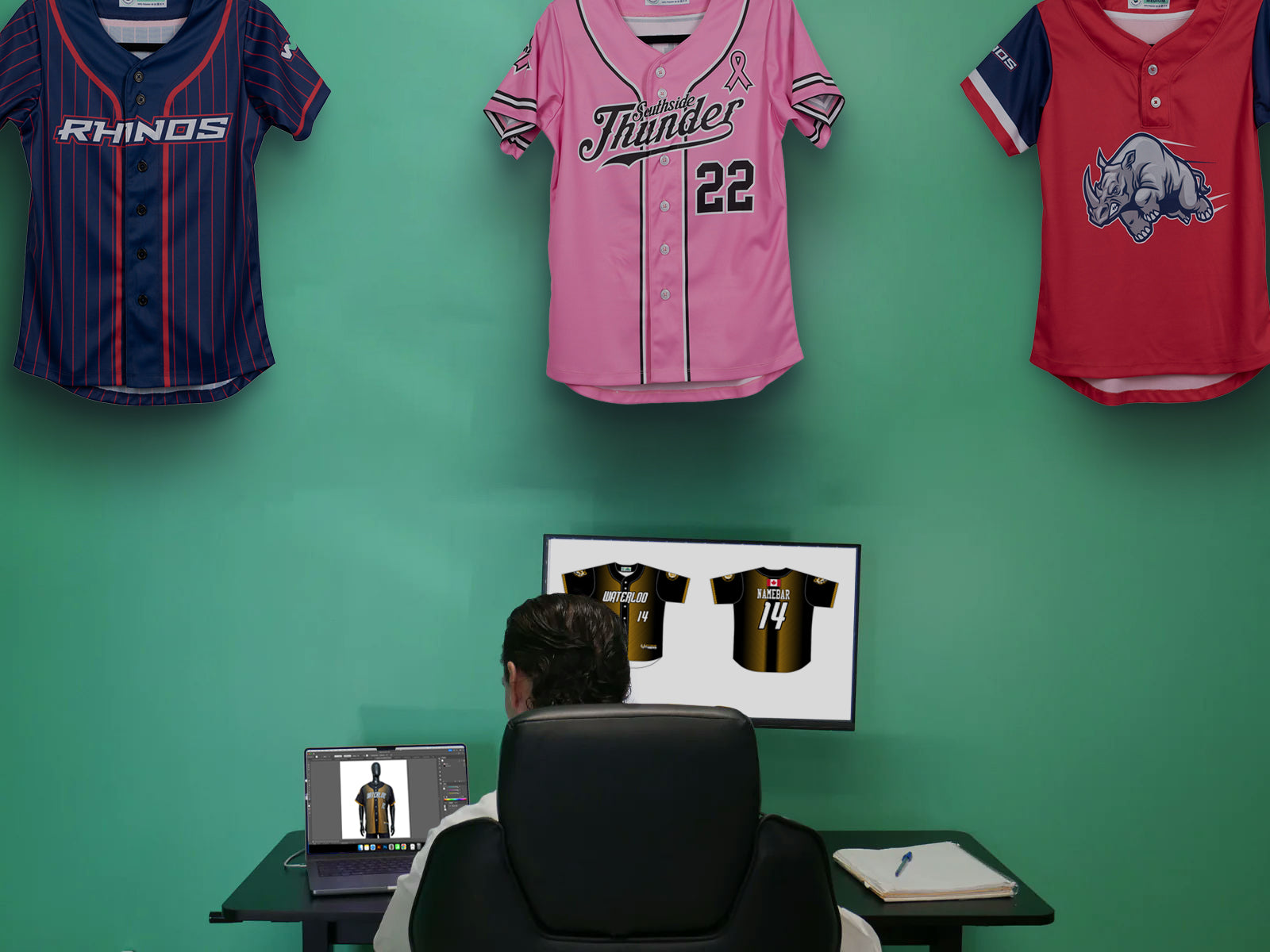 Baseball jersey artist at their desk, on a desktop computer, designing custom jersey artwork with custom baseball jerseys hanging above them on the wall.