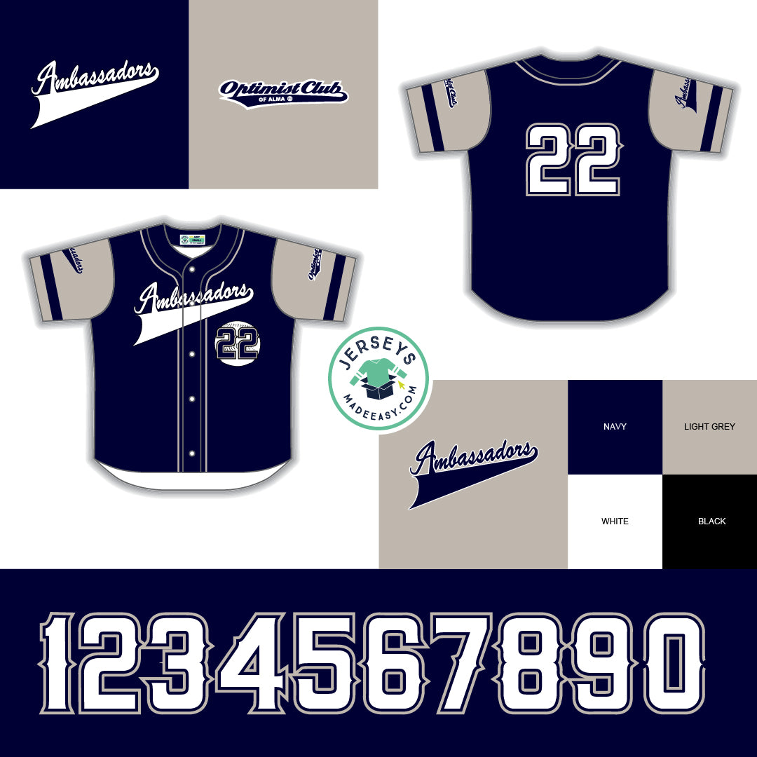 Sublimation custom baseball jersey process step one, a detailed mockup of the components of the jersey (colour, number, font, and logos).