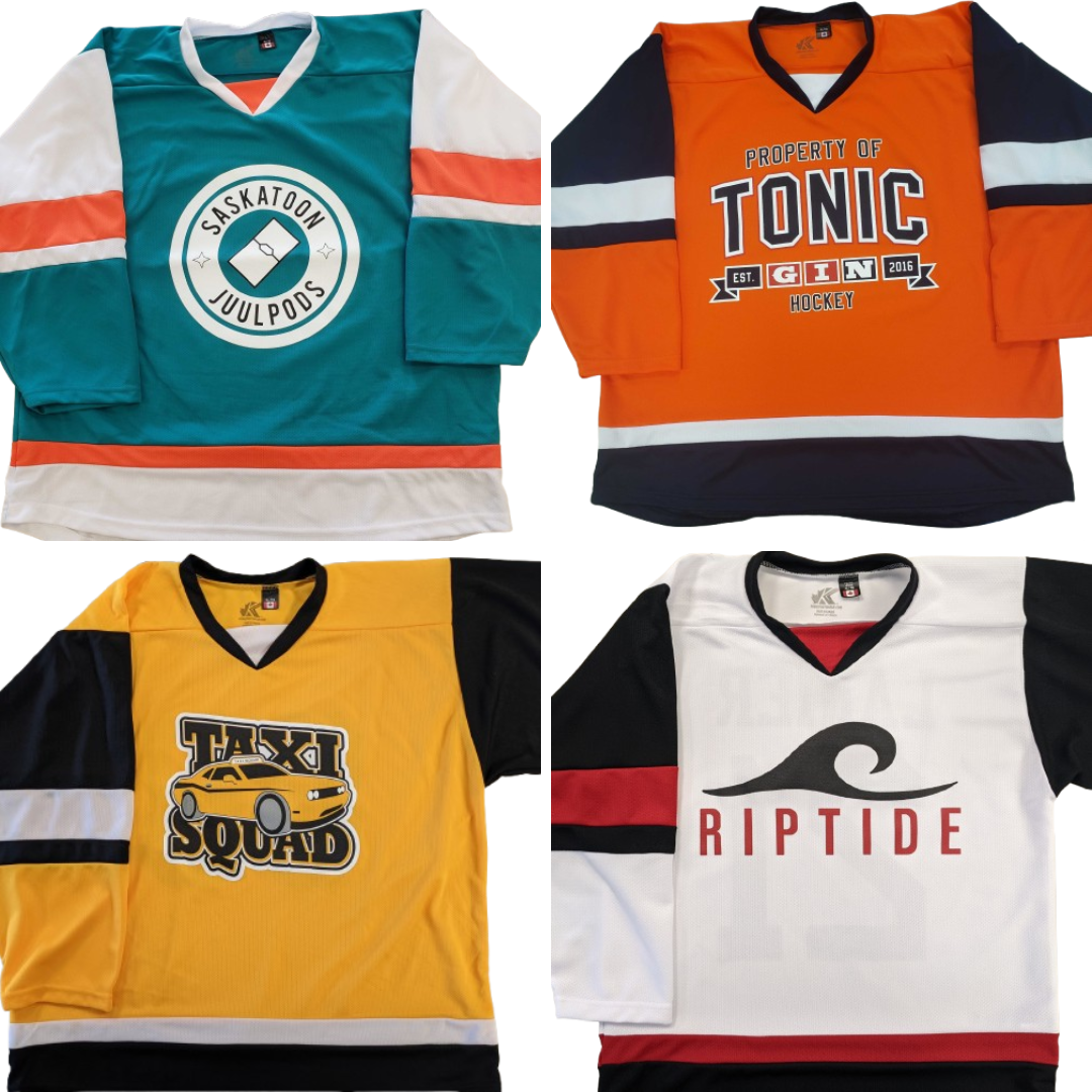 Examples of custom printed hockey jerseys: a cheaper jersey using the Kobe 5200 jersey model (great for house league or beer league)