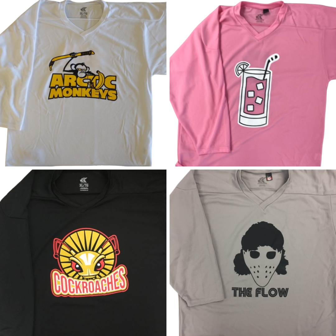 Examples of custom printed hockey practice jerseys: a cheaper jersey using the Kobe 5500, 5400, or 5475 jersey model