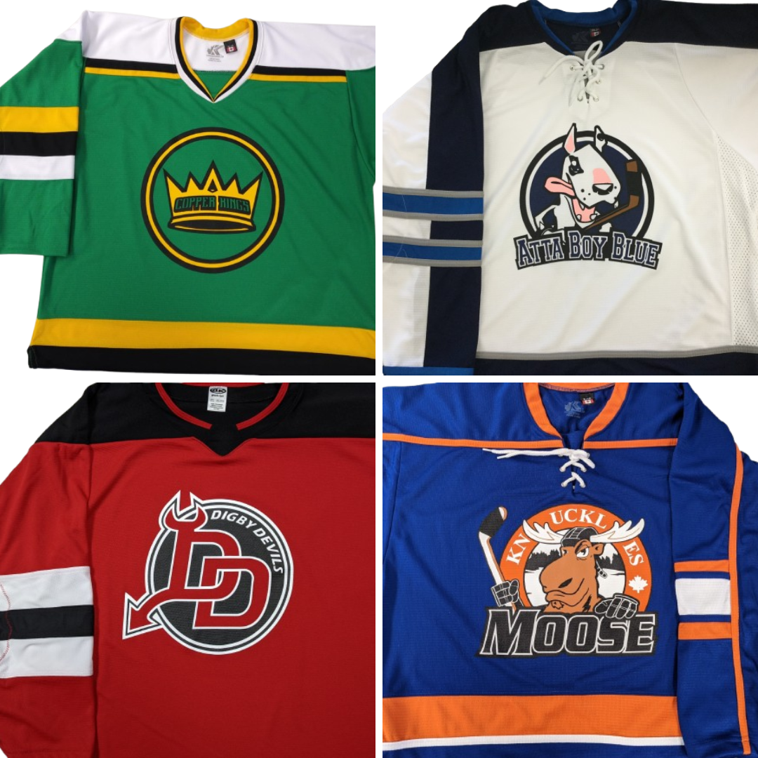 Examples of custom screen printed K3G hockey jerseys. These made in Canada jerseys feature NHL striping patterns.