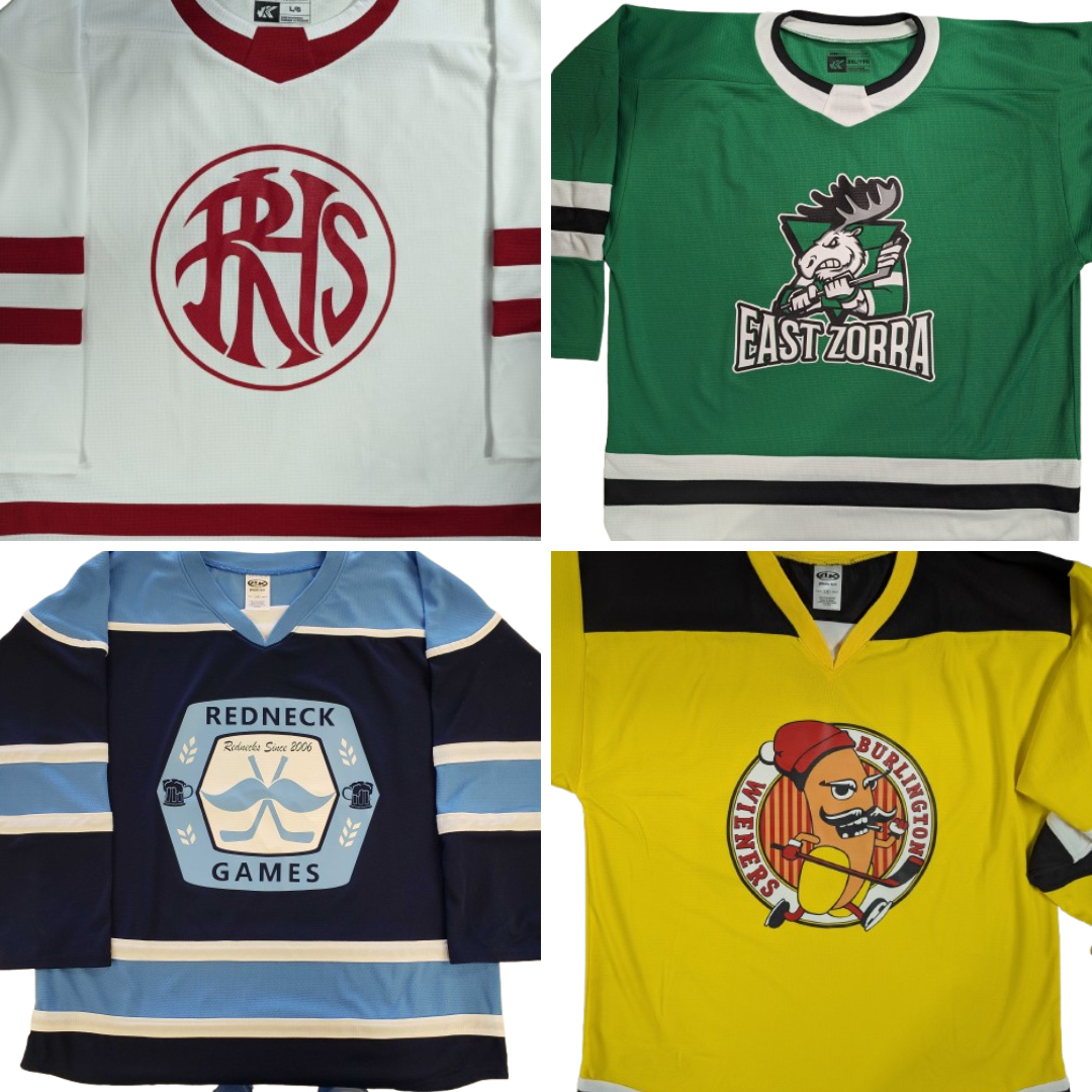 Examples of custom printed hockey jerseys: a great value jersey using the Athletic Knit H7400 and H7500 jerseys as well as the Kobe K3GL jersey