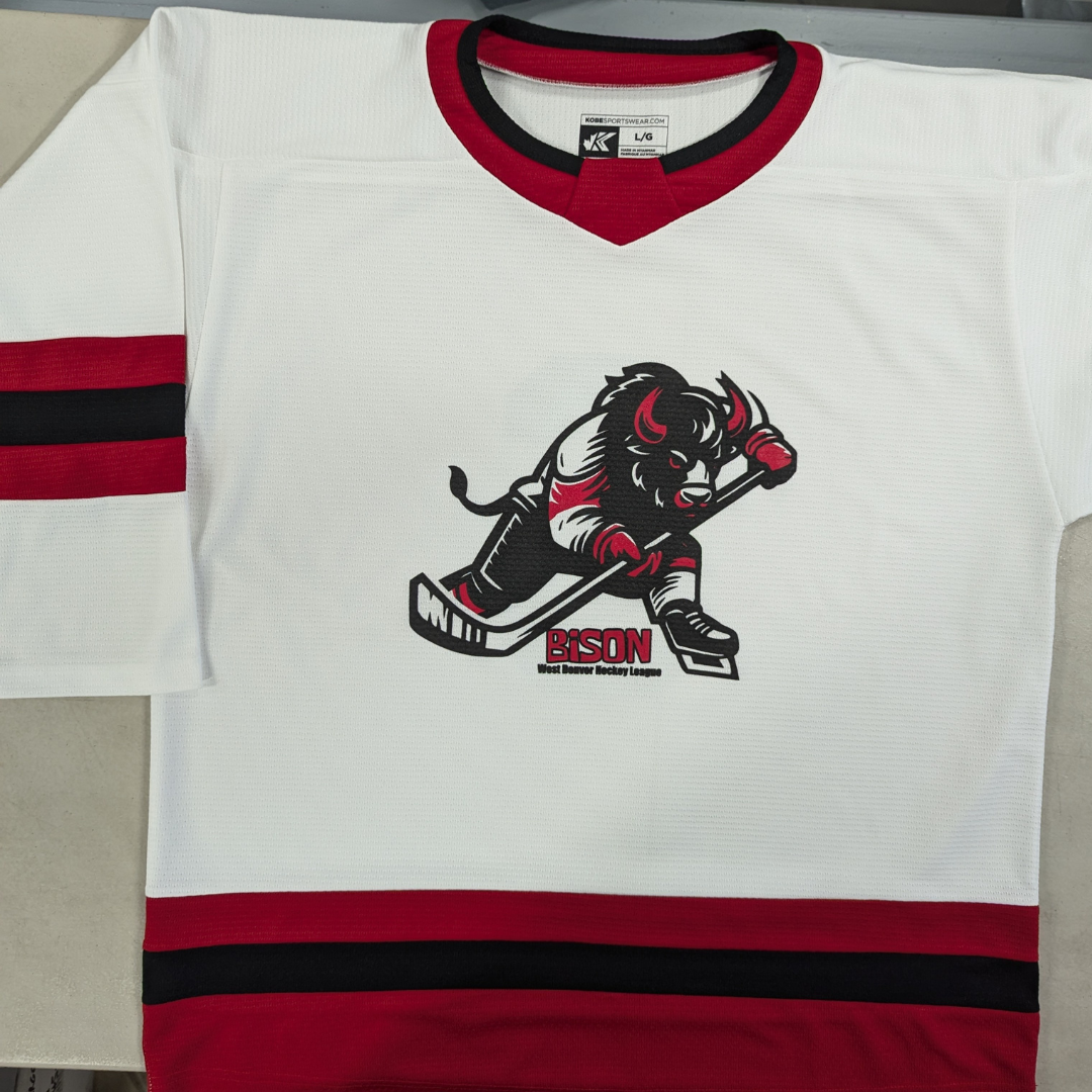 Example of custom hockey jerseys made using our basic hockey jersey customizer utilizing the Kobe Sportswear K3GL jersey and a 2-colour screen print