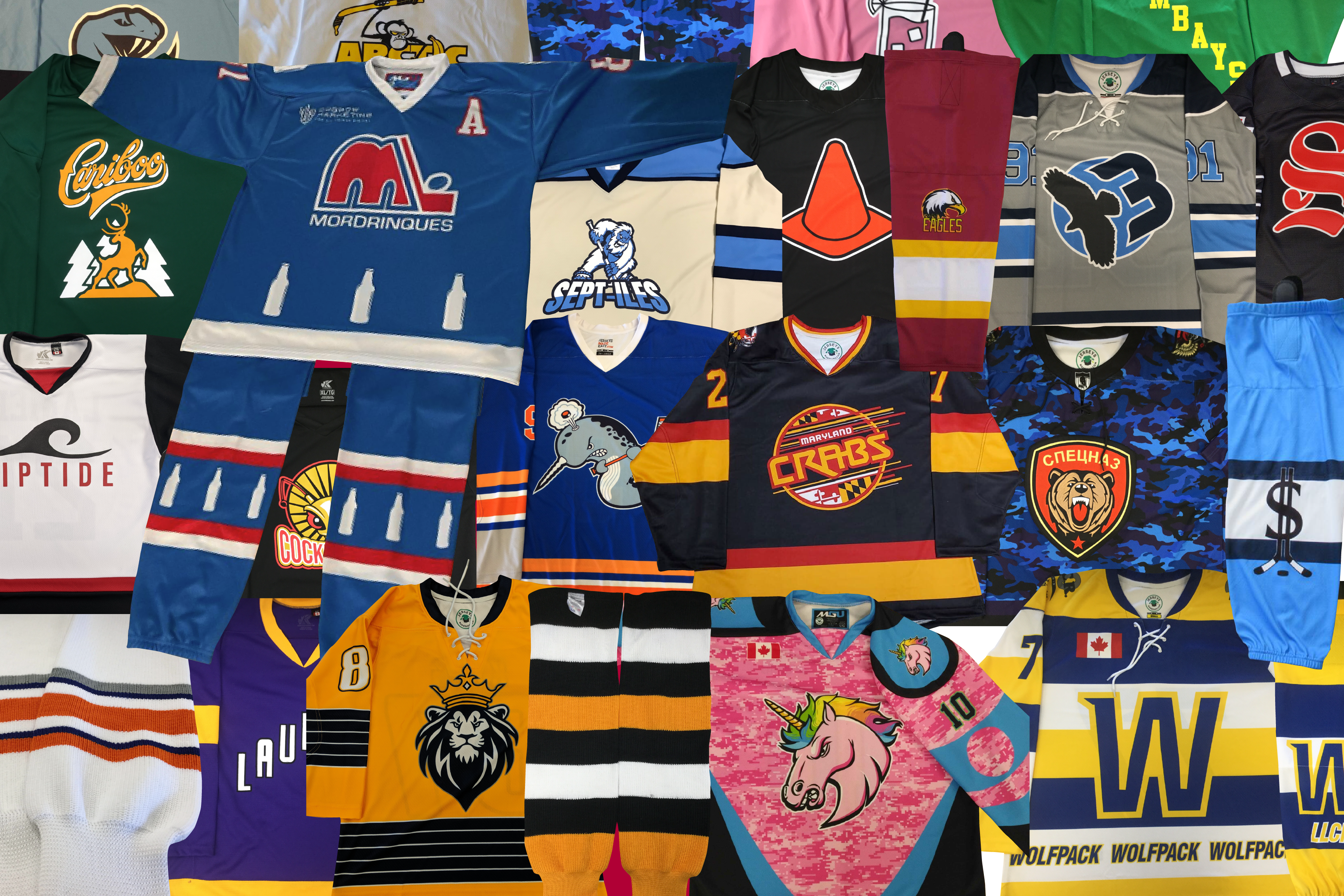 A collage of custom hockey jerseys and equipment featuring different logos, jersey types, colours, patterns, and more.
