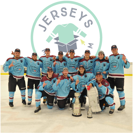 Sublimation custom hockey jersey process step four, a hockey team posing with their finished jerseys.