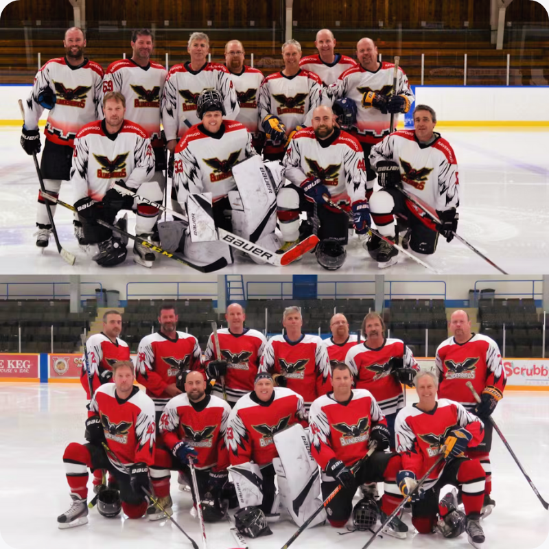 A collage with two hockey team photos of a men's league team with custom Jerseys Made Easy jerseys posing on the ice of an indoor hockey rink.