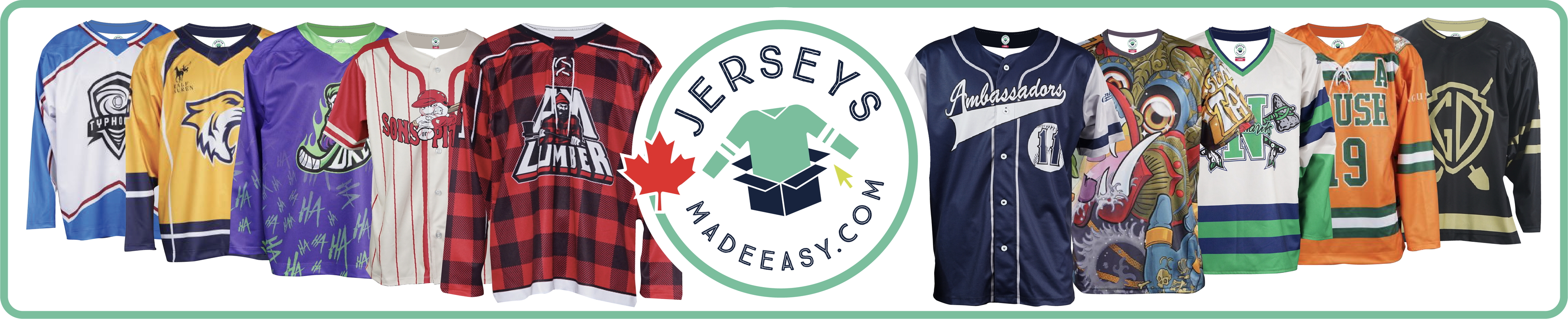 JerseysMadeEasy Home Page Banner with samples of custom printed hockey jerseys and baseball jerseys. The JerseysMadeEasy logo has a maple leaf to identify a Canadian owned and operated business