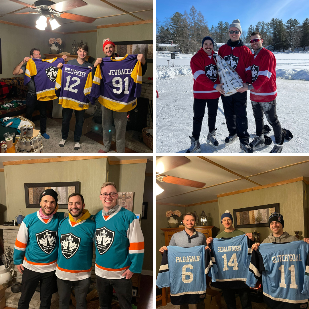 Review and customer photo of custom screen printed jerseys from JerseysMadeEasy from a customer in Toronto who purchased Kobe 5200 jerseys for a pond hockey tournament