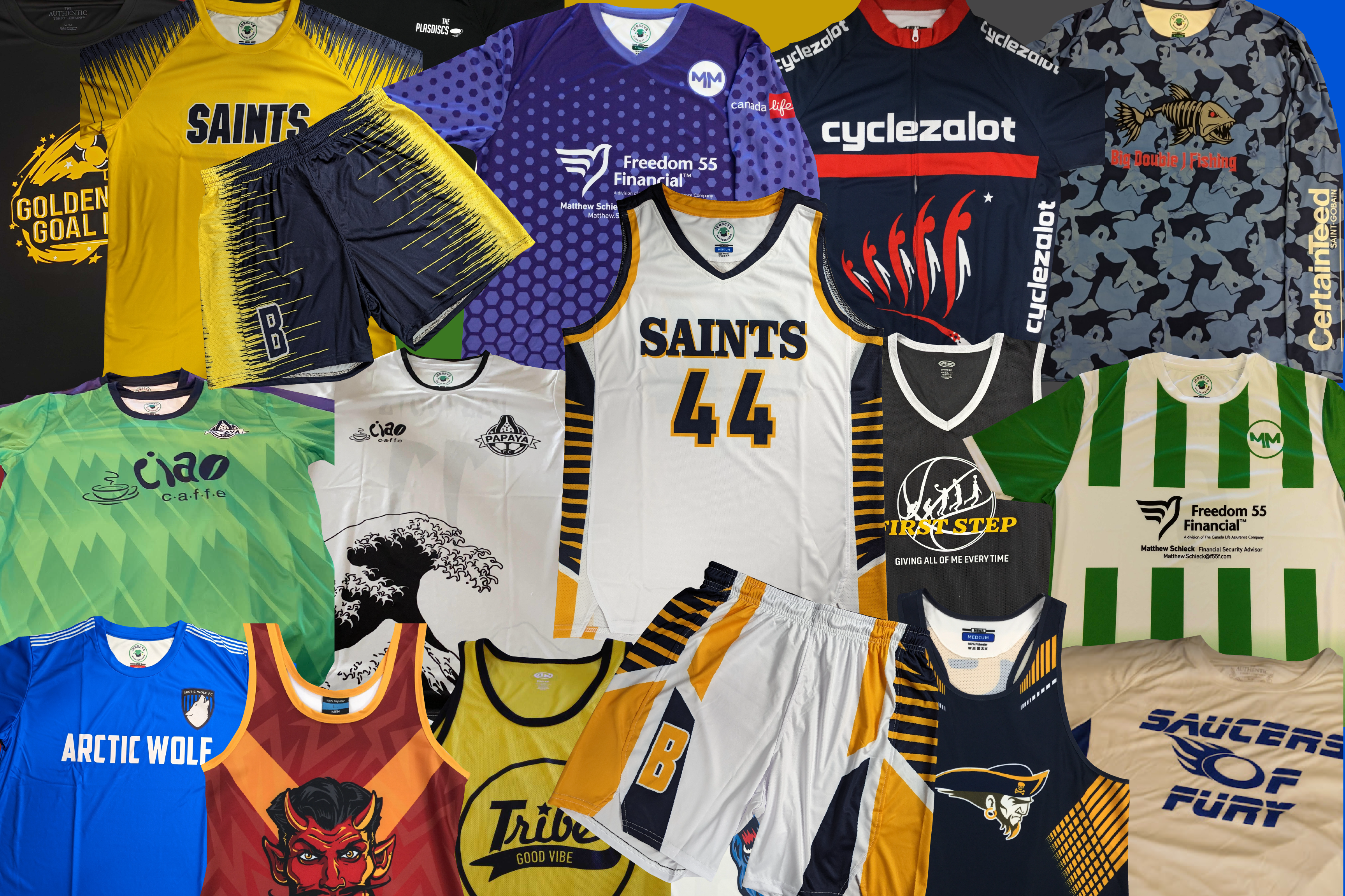 A collage of custom sports jerseys (rugby, spirit wear, ball hockey and more) and equipment featuring different logos, jersey types, colours, patterns, and more.