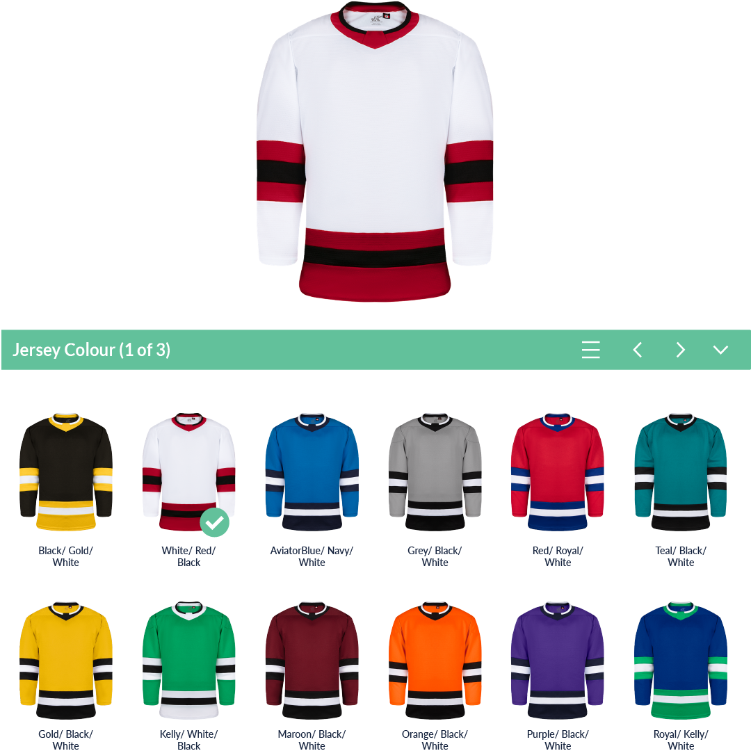 A visual explanation of our process for basic custom hockey jerseys explaining how you need to pick a blank in-stock hockey jersey to start the process