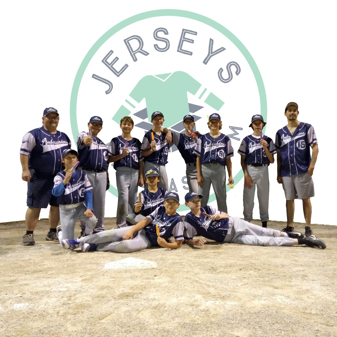 Sublimation custom baseball jersey process step four, a softball team posing with their finished jerseys.
