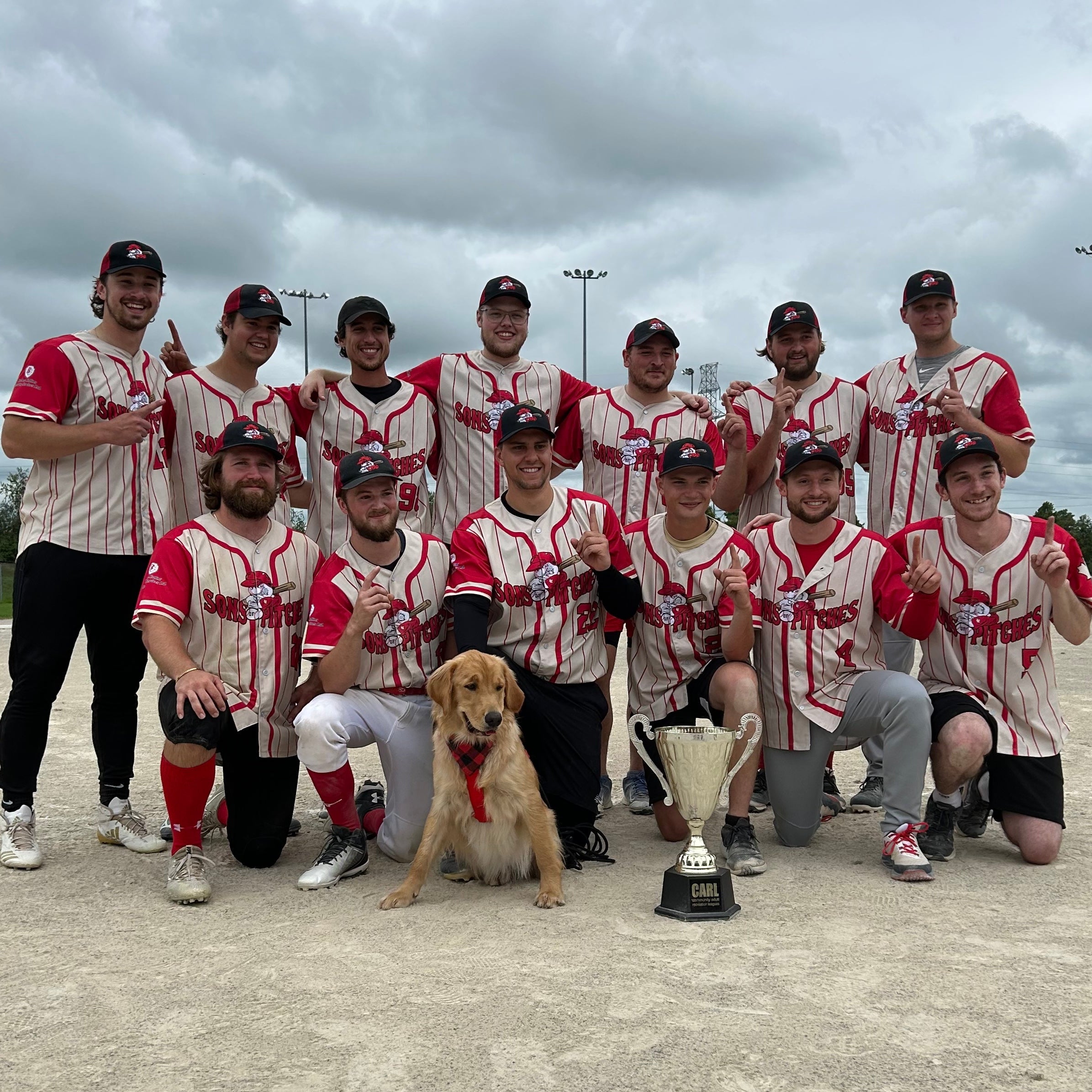 Team photo of a recreational beer league slo pitch team with custom full button sublimated jerseys and custom embroidered baseball caps