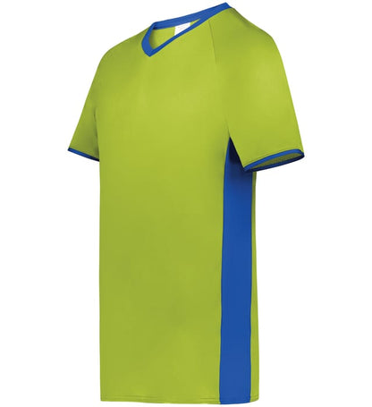 Blank Pullover V-Neck Baseball Jersey (Cutter+ SKU 6907) from Augusta Sportswear in Lime/Royal -  Quarter view