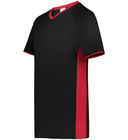Blank Pullover V-Neck Baseball Jersey (Cutter+ SKU 6907) from Augusta Sportswear in Black Scarlet -  Quarter view
