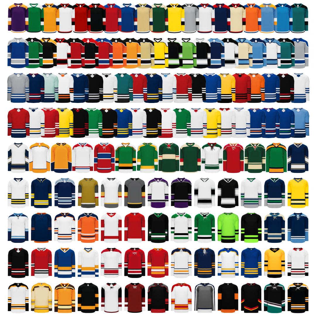 A collage of all blank jerseys from Athletic Knit that are eligible to be used for Stitched Custom Hockey Jerseys
