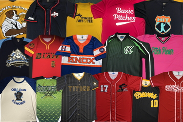 A collage of custom baseball jerseys and equipment featuring different logos, jersey types, colours, patterns, and more.