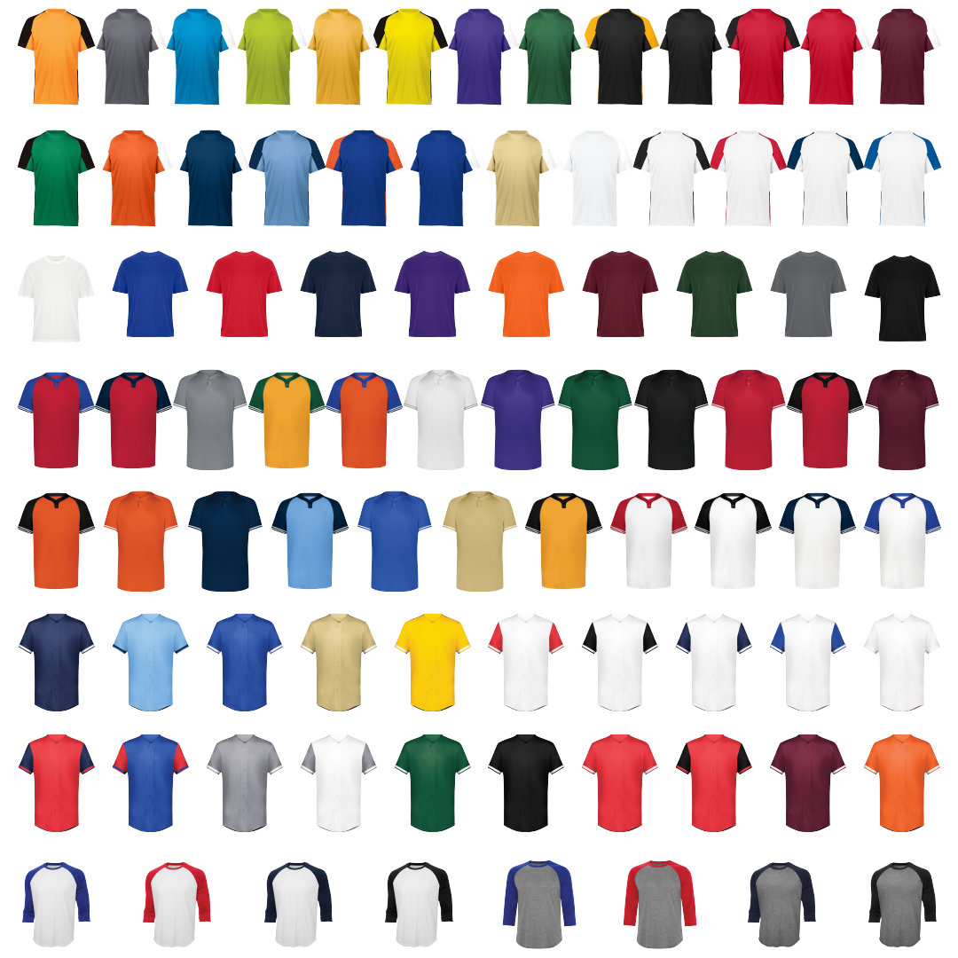 A collage of all base jerseys for our basic baseball jersey builder from the Authentic T-Shirt Company and Augusta Sportswear (Momentec Brands) including basic tshirts ATC3700, 3/4 sleeve baseball shirts (S3526), Pullover Jerseys (Cutter+ V-Neck), 2-Button Jerseys (Cutter+ Henley), and Full Button Jerseys (Cutter+).