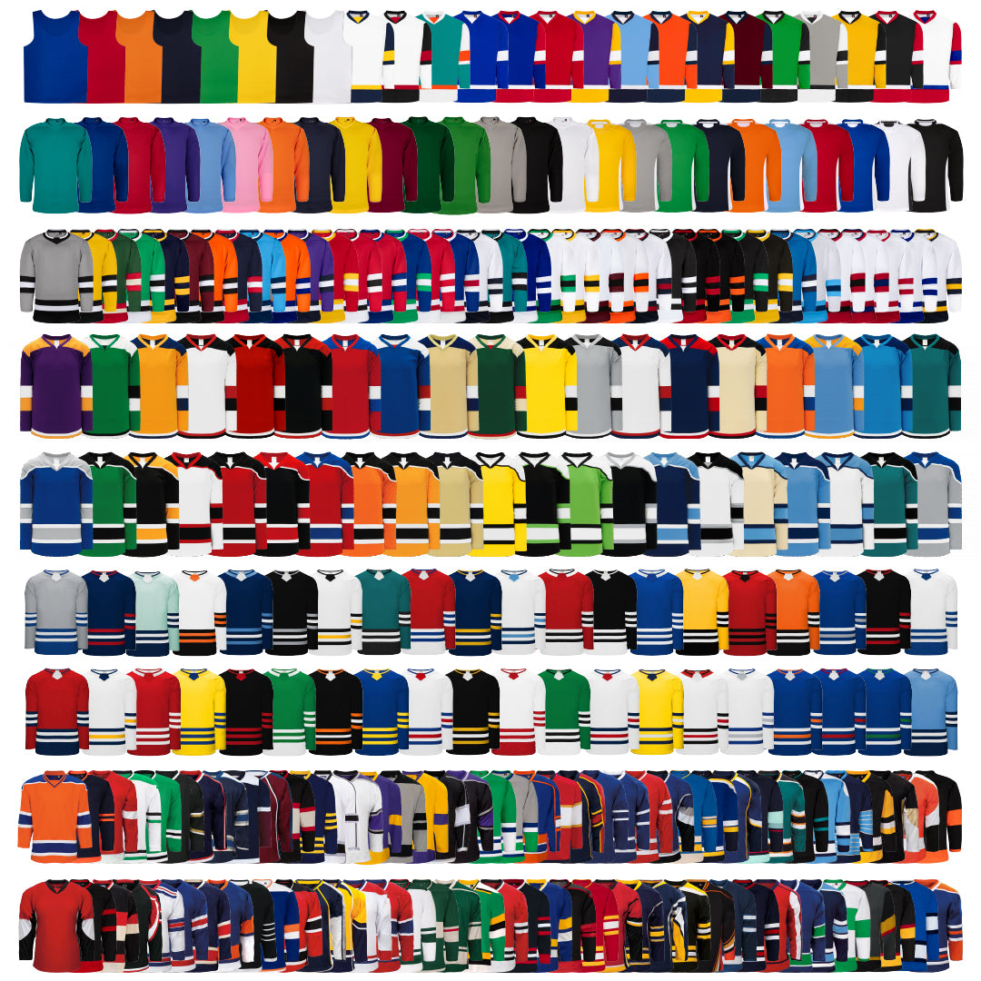 Collage of all blank jerseys to choose from when ordering custom hockey jerseys from Kobe Sportswear and Athletic Knit, Canadian-based jersey manufacturers. Models include 5500, 5200, 5400, 5475, K3GL, H7400, H7500, H8000, and K3G Pro