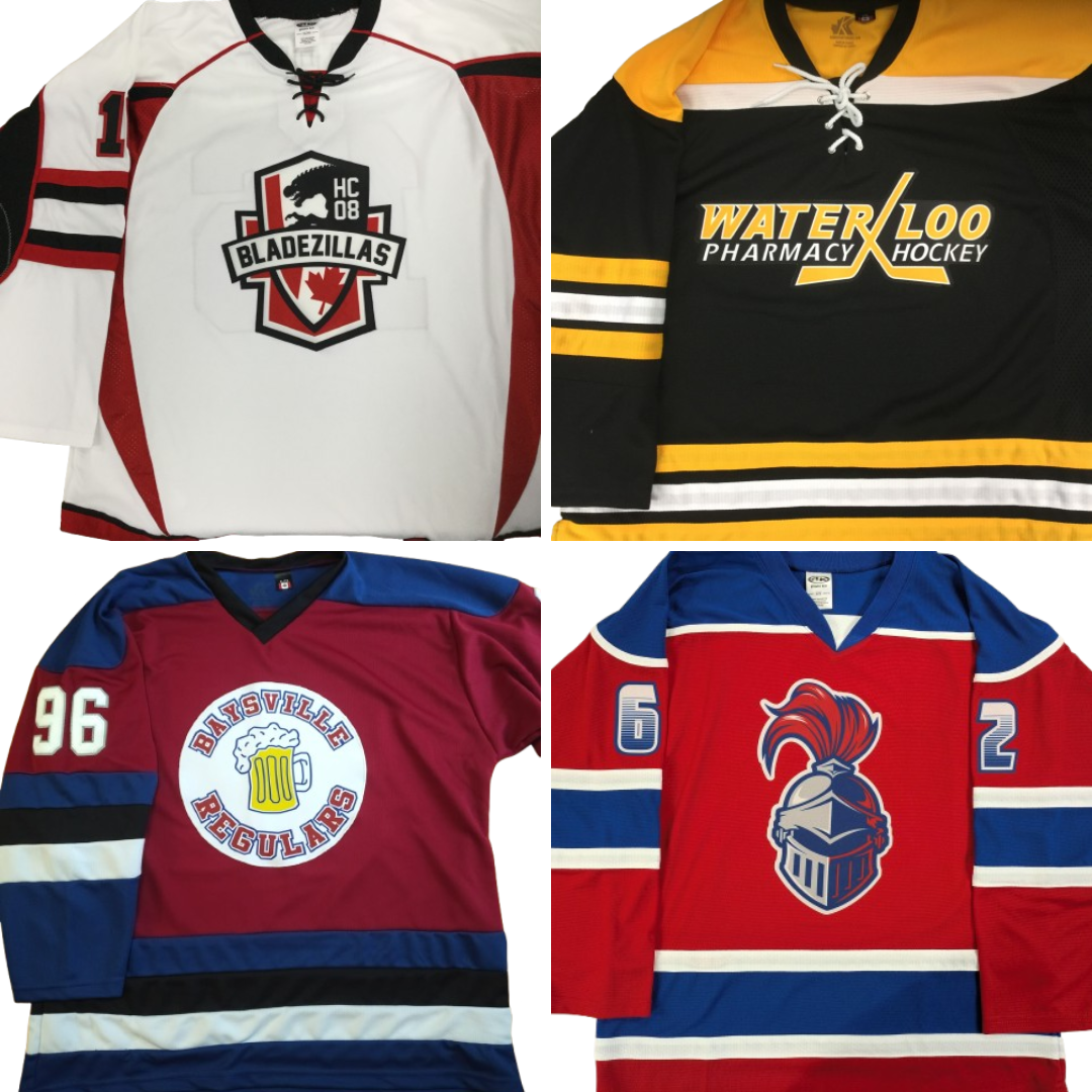 Examples of stitched custom hockey jerseys at a more cost effective price point because they use dyed twill crests, less expensive base jersey models, and/or exclude expensive details like sleeve numbers and names