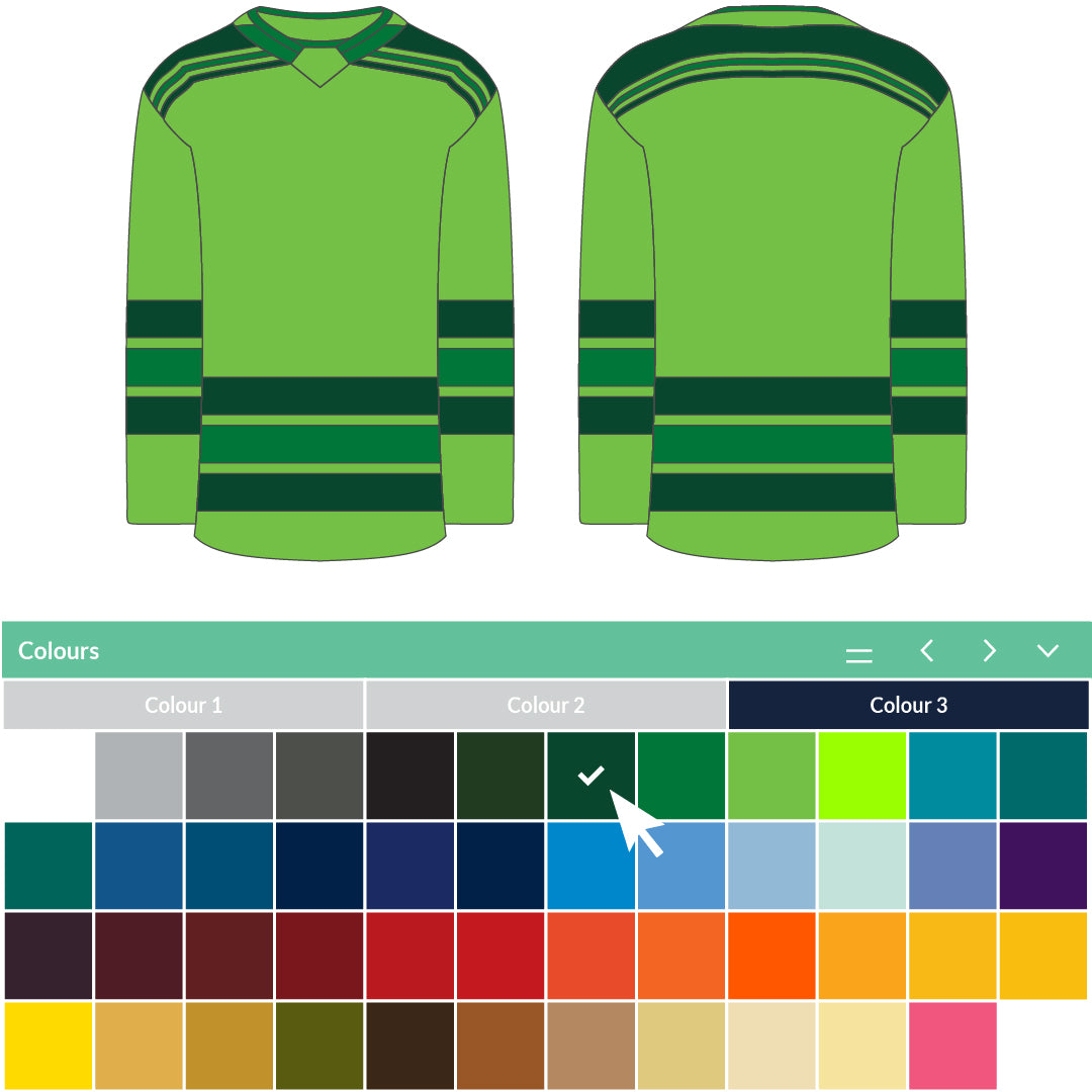 Example of custom colour combinations available for stitched custom hockey jerseys from Athletic Knit