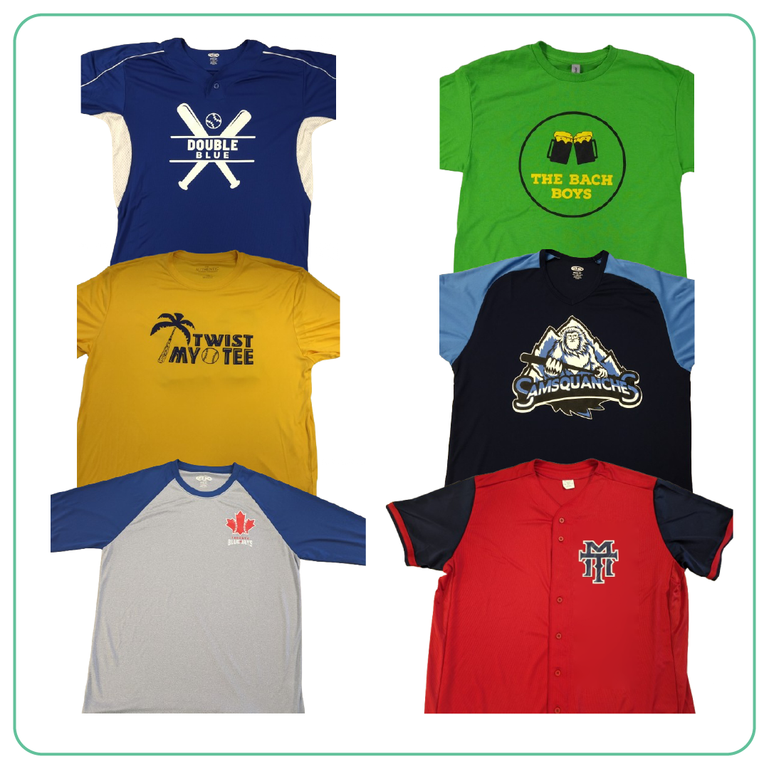 A collage of a variety of different jerseys made using our basic baseball jersey customizer, which utilizes either screen printing or heat transfers