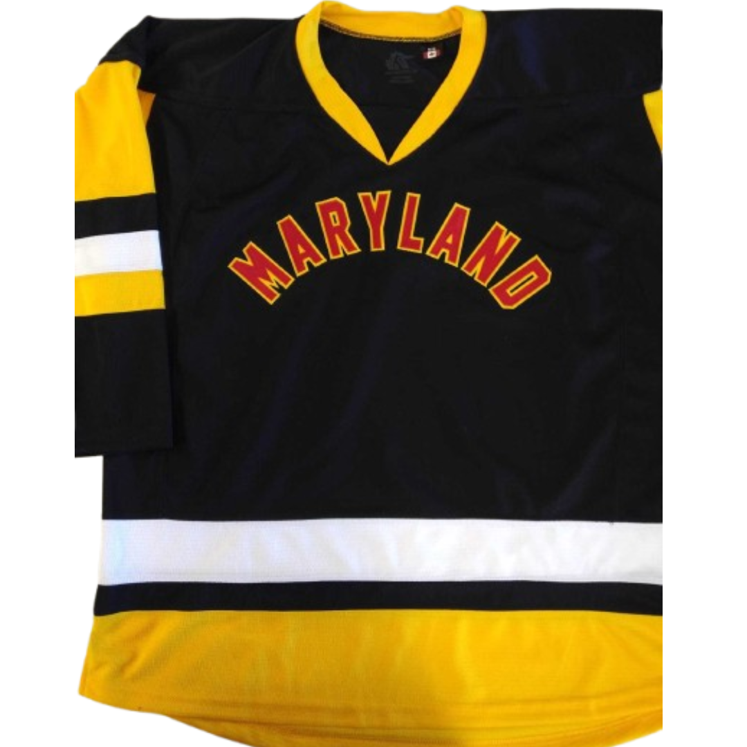 Example of a finished custom hockey jersey with an embroidered twill logo