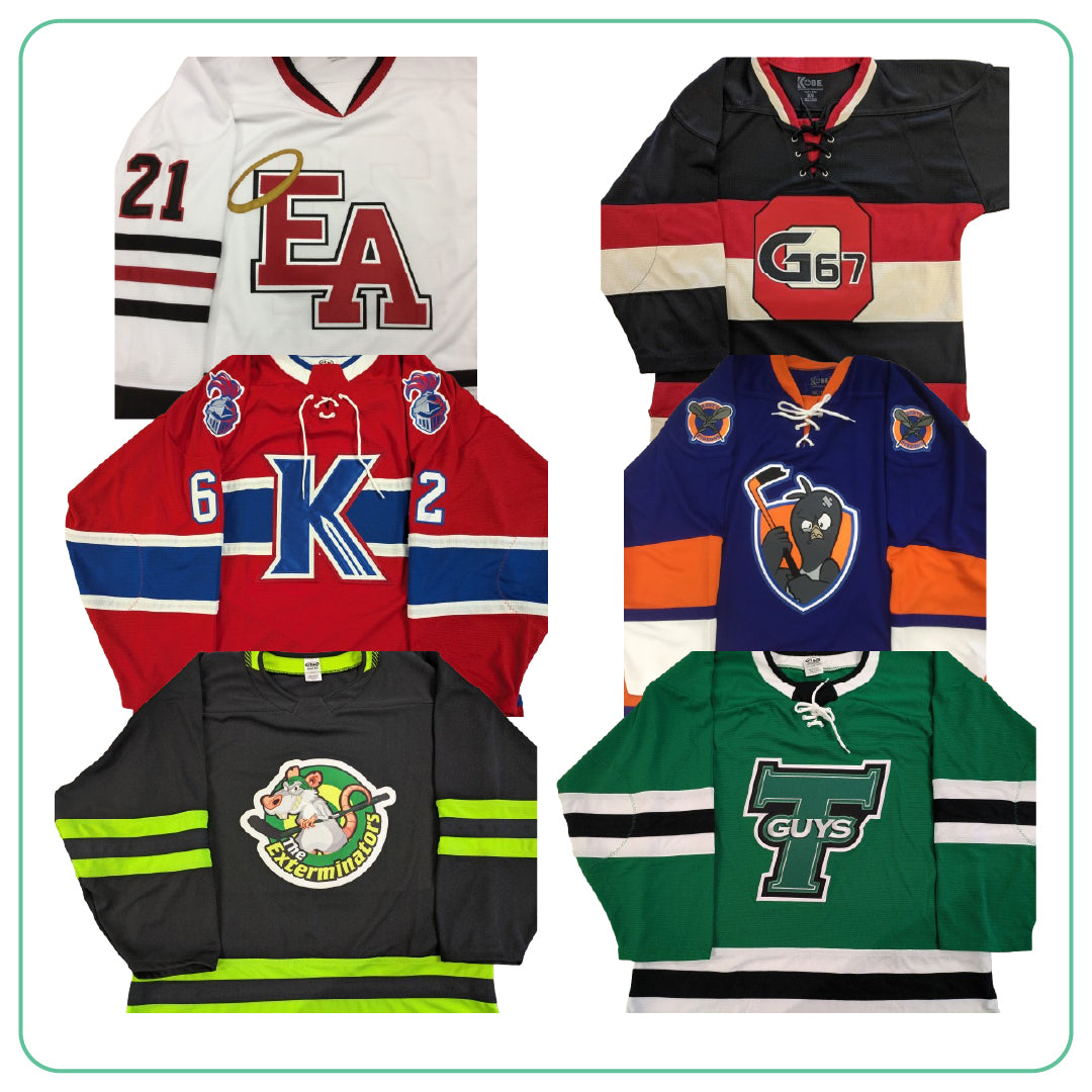 Examples of 6 different Pro Twill Stitched Custom Hockey Jerseys in varying colours and logos