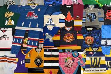 A collage of custom hockey jerseys and equipment featuring different logos, jersey types, colours, patterns, and more.