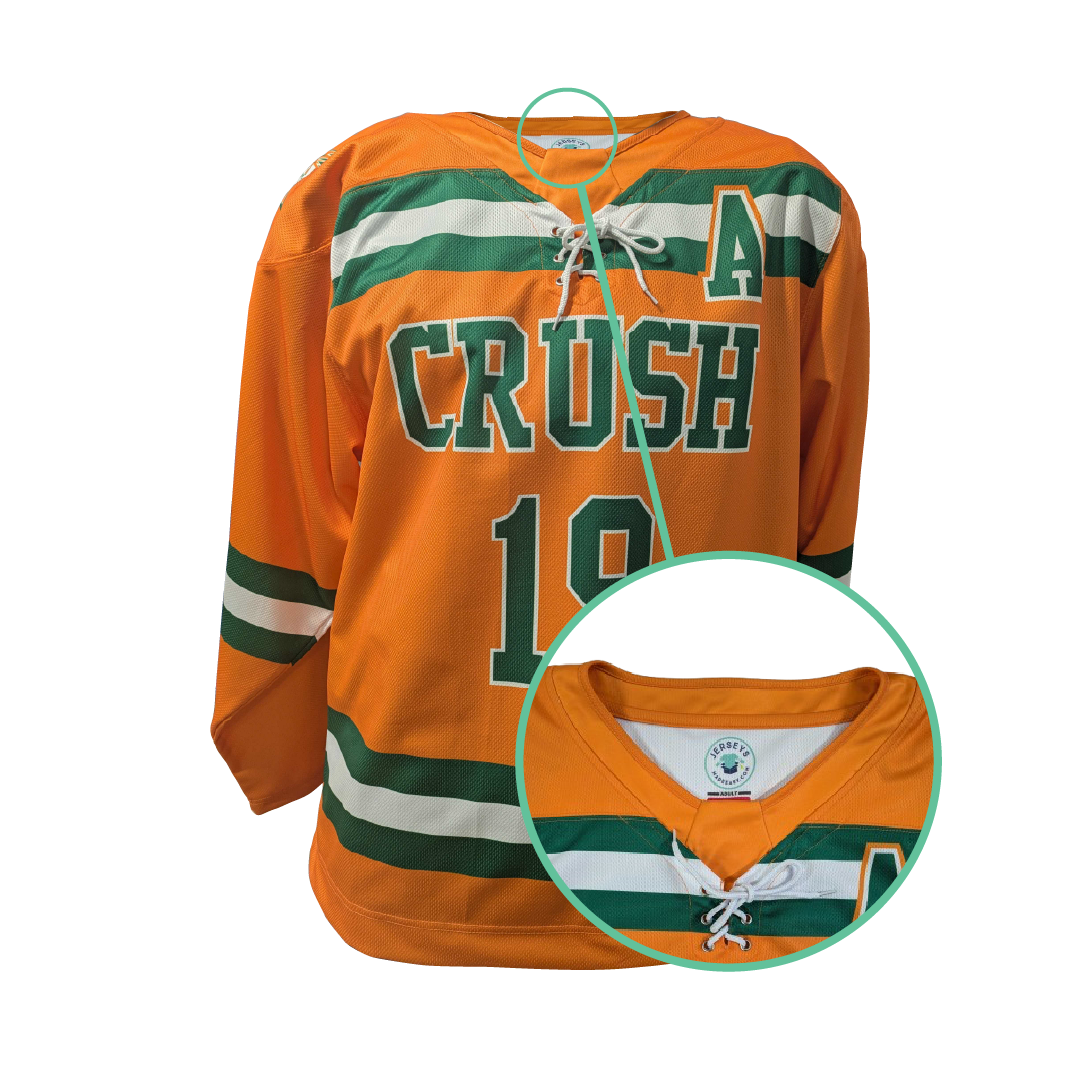 Sample custom jersey from JerseysMadeEasy highlighting how our logo is hidden inside the collar instead of displayed on the outside of the jersey, like other brands