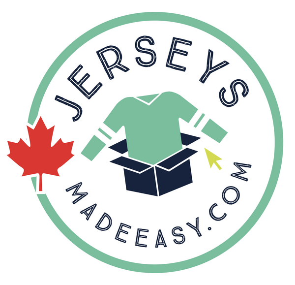 JerseysMadeEasy Logo with Maple Leaf to Identify as a Canadian Owned and Operated Business