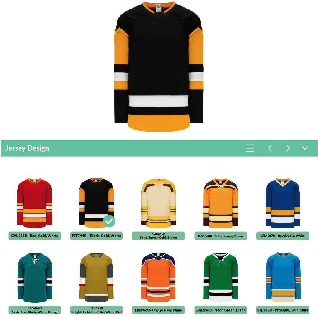 Example screen from our hockey jersey customizer highlighting how the first step in the process to design your own custom stitched hockey jersey is to select a blank jersey template from Athletic Knit.