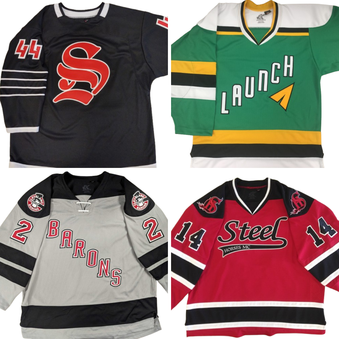 Examples of premium stitched/embroidered pro twill hockey jerseys with details like sleeve numbers, multi-coloured numbers, custom fonts, shoulder logos, and fully embroidered twill logos.