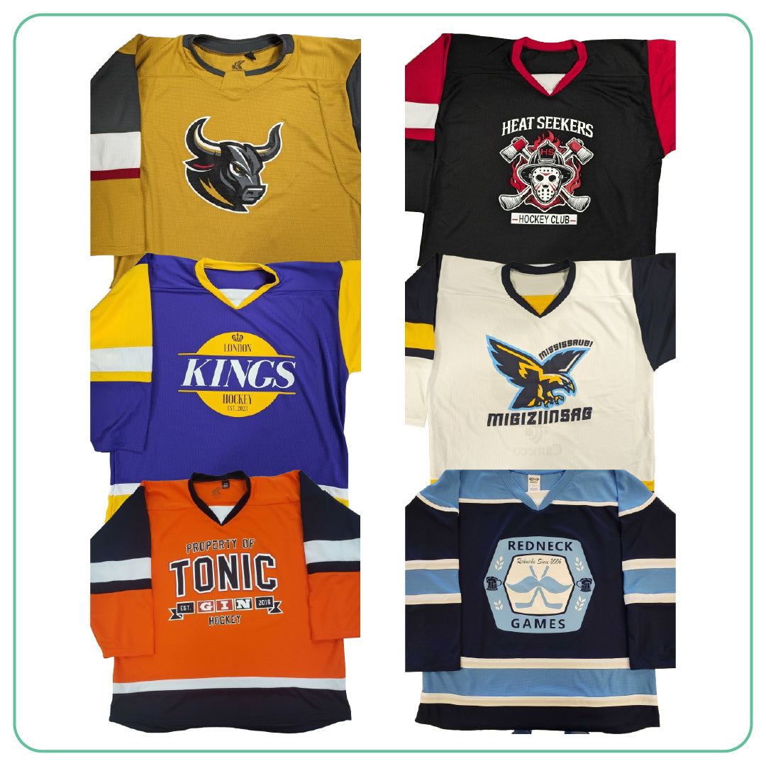 Examples of basic screen printed custom hockey jerseys at different price points printed by JerseysMadeEasy.com on base jerseys from Kobe Sportswear and Athletic Knit
