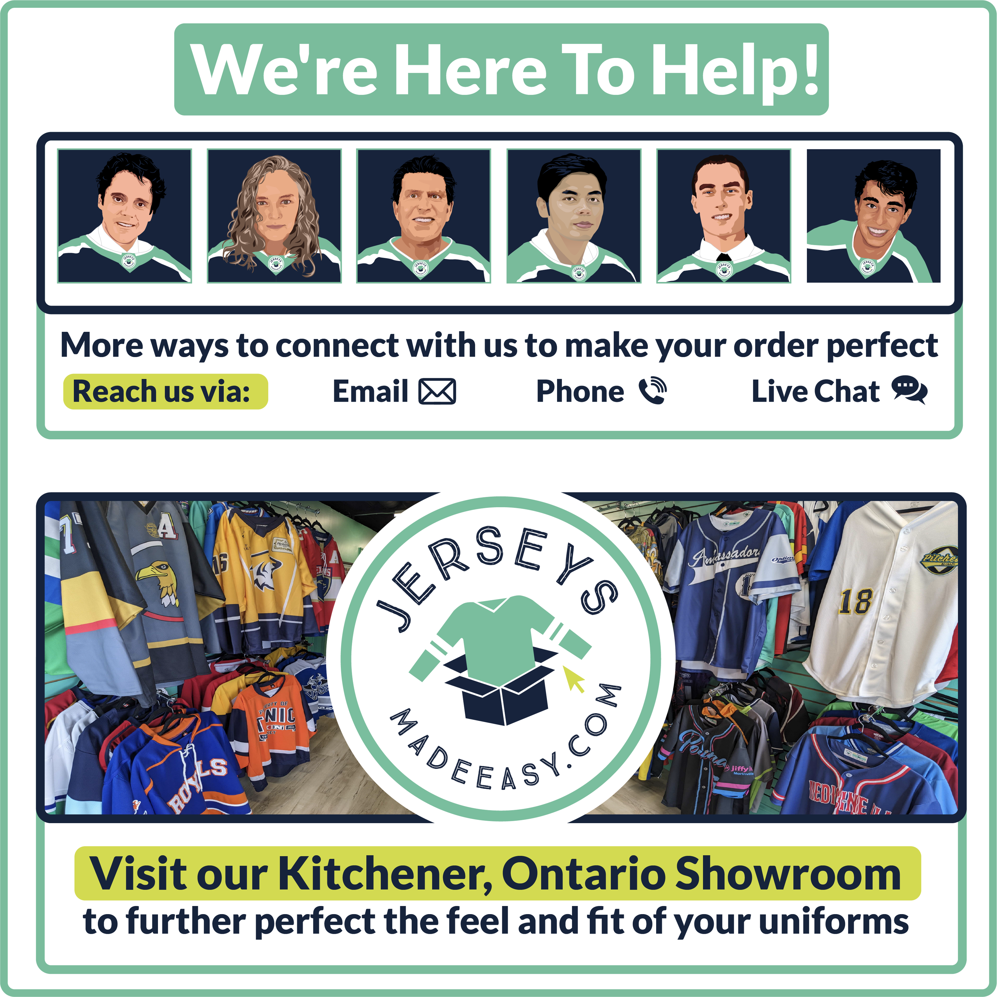 Image and text graphic featuring the Jerseys Made Easy team with contact information about their Kitchener, Ontario showroom. There is a photo included of the showroom and many sample jerseys.