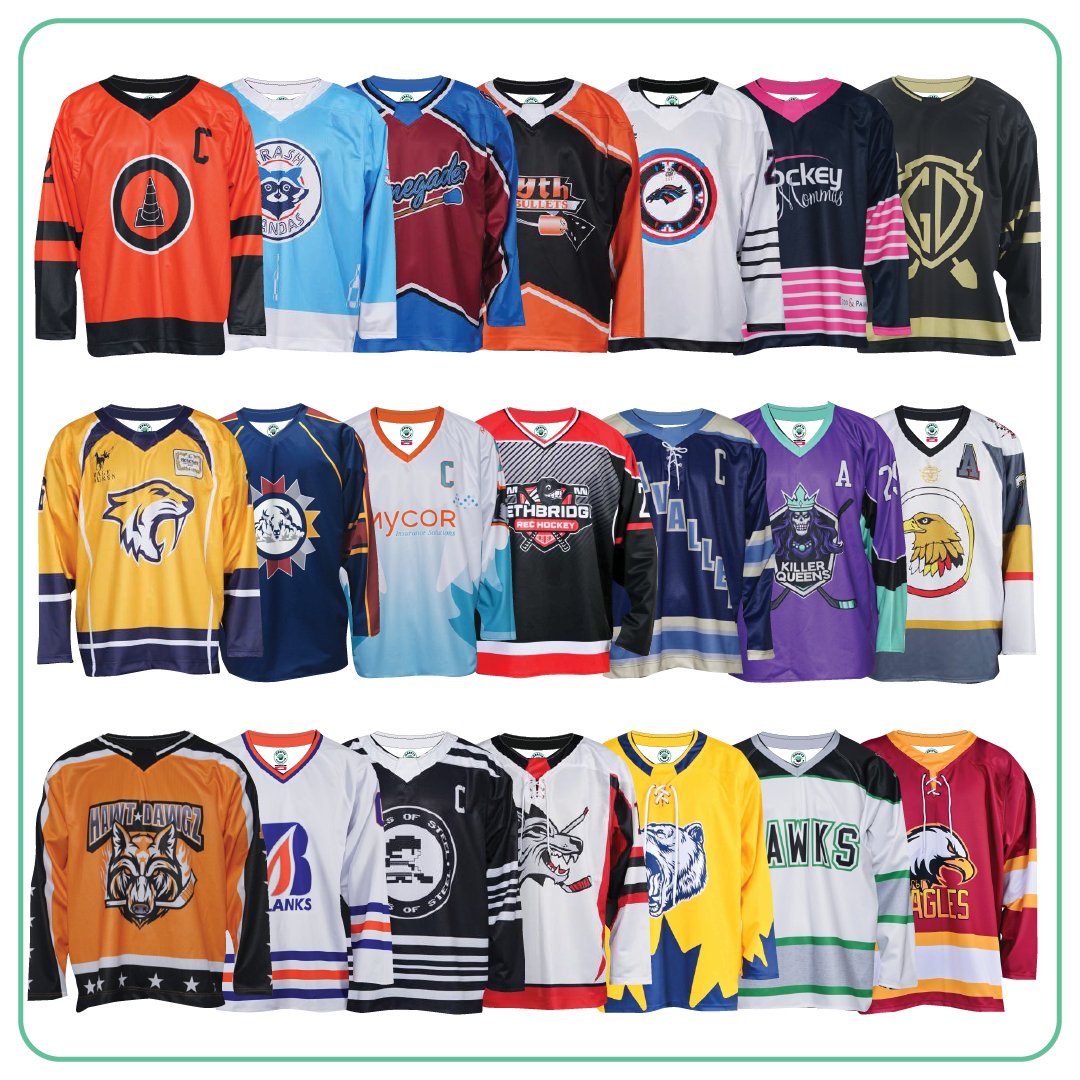 Collection of sublimated custom hockey jerseys with different logo styles and colours.