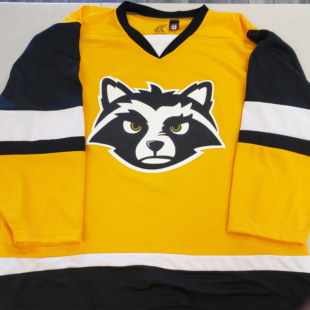 Custom hockey jersey that has been screen-printed with a trash panda logo on the front of the yellow jersey.