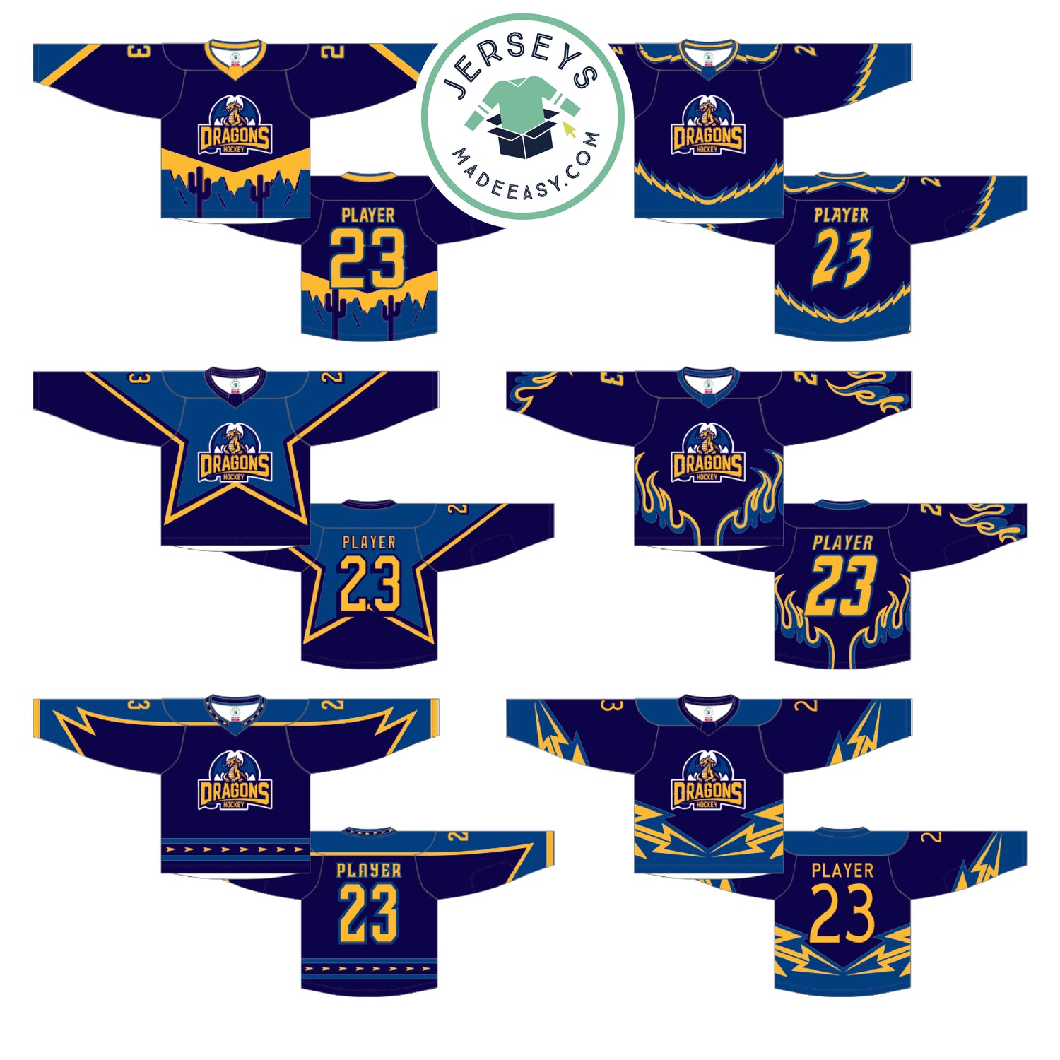 Digital rendering of our hockey jersey customizer templates, with variations on colour, design, logo, and number style.