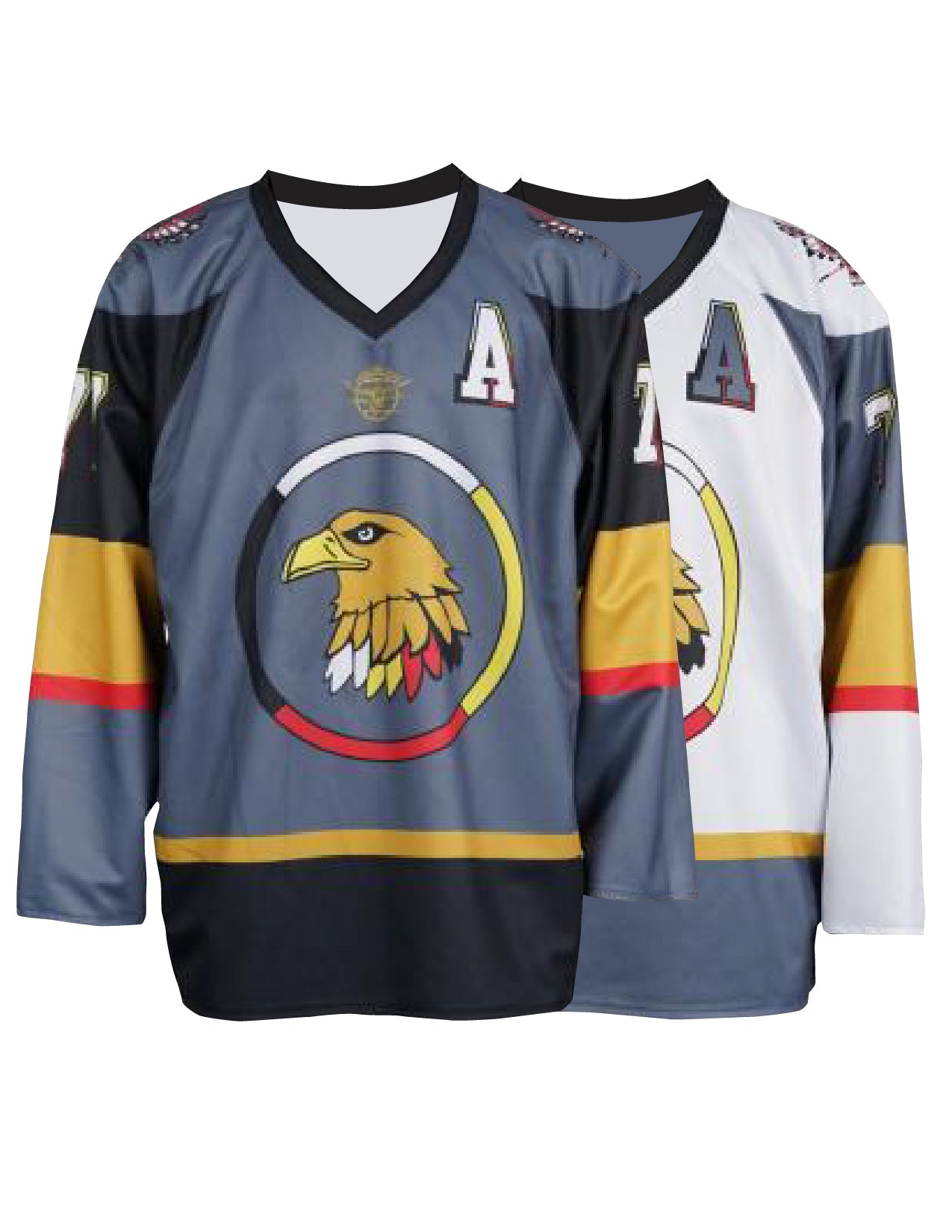 Showing both sides of reversible, custom hockey jersey with a sublimated logo on each jersey.